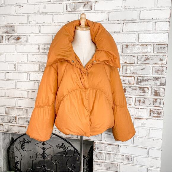 Gentle Herd Spice Orange Down Filled Short Quilted Retro Puffer Jacket Coat NWT - Picture 2 of 12